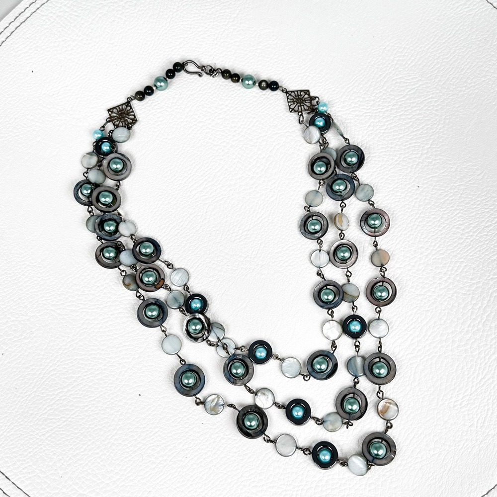 Multi Strand Gray Pearl Mother‎ of Pearl Necklace Sterling Silver Boho Dangle